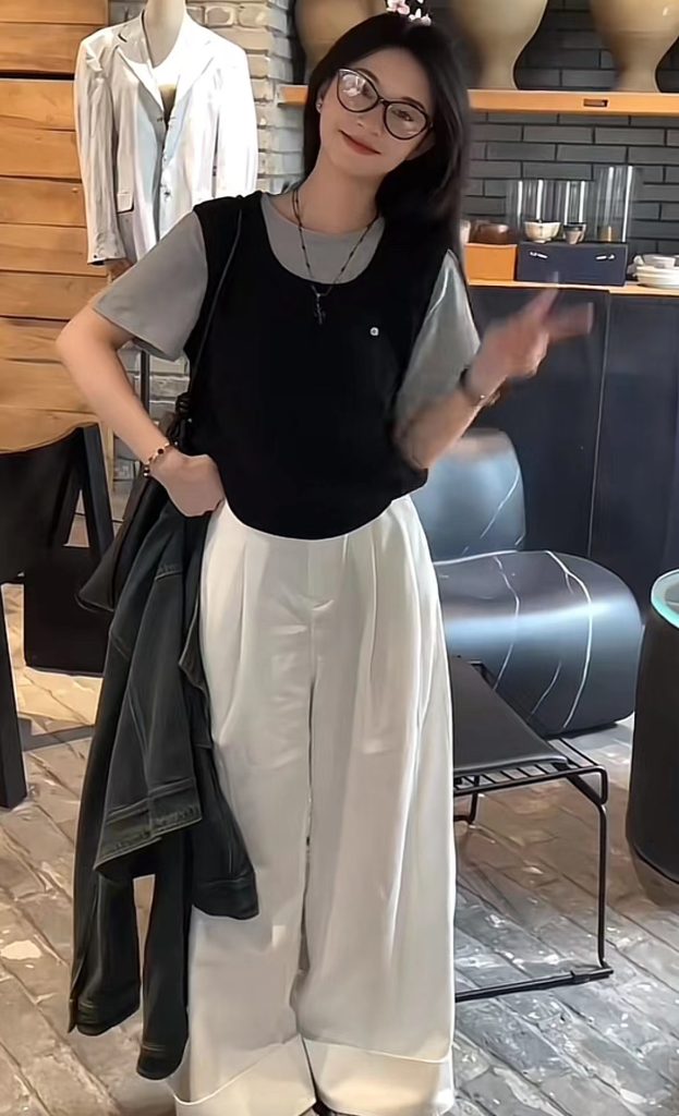 2025 Autumn New Fashion Set with Thick Layered Look Top and Wide Leg Pants