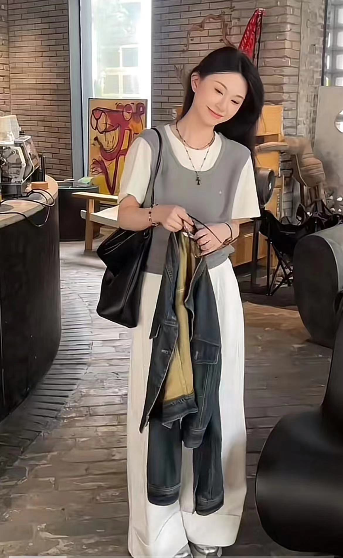 2025 Autumn New Fashion Set with Thick Layered Look Top and Wide Leg Pants - Image 2