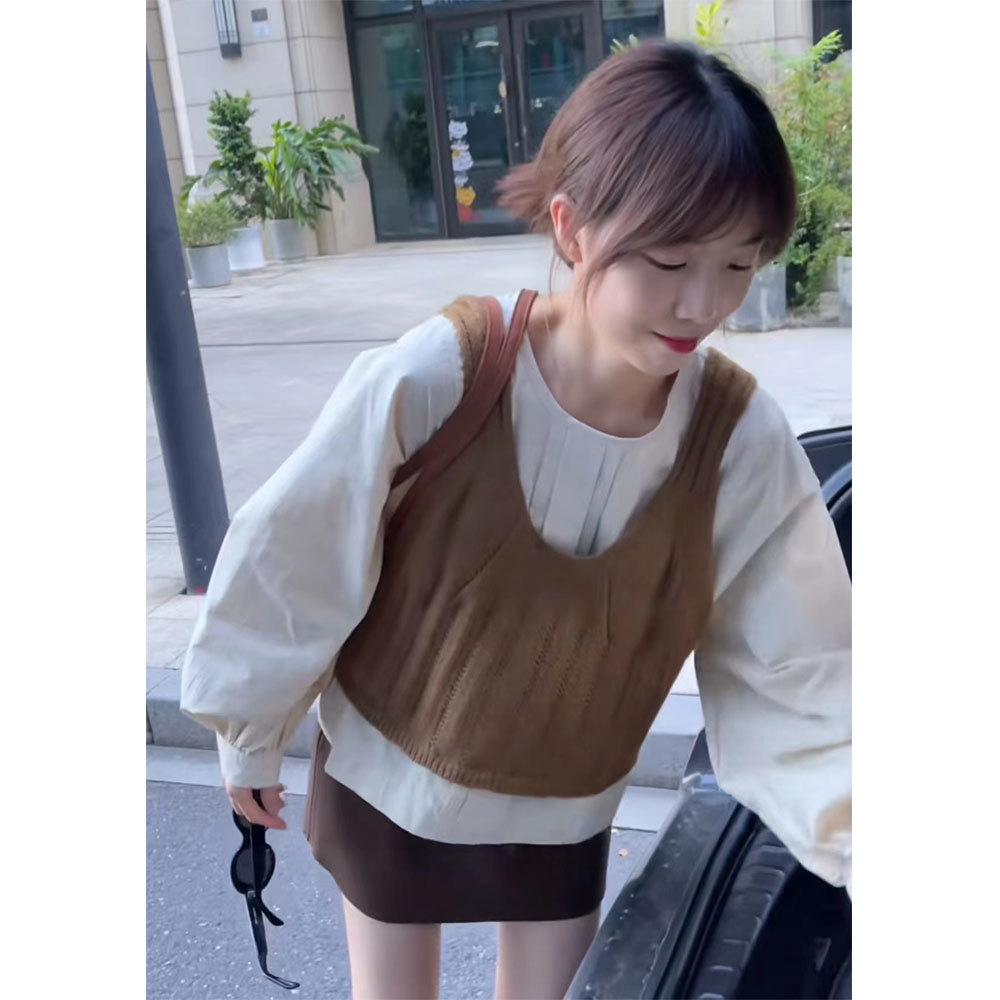 QiongQiong Design Button Shirt with Brown Knit Vest and Leather Skirt Three-Piece Set - Style b6d598