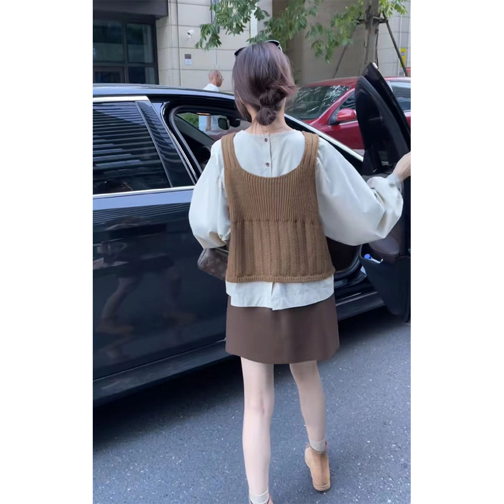 QiongQiong Design Button Shirt with Brown Knit Vest and Leather Skirt Three-Piece Set - Style b6d598 - Image 3