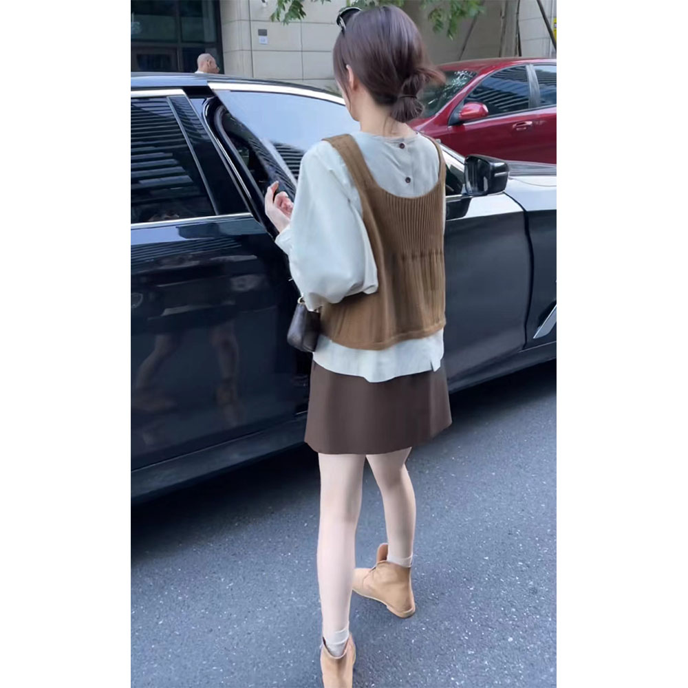 QiongQiong Design Button Shirt with Brown Knit Vest and Leather Skirt Three-Piece Set - Style b6d598 - Image 4