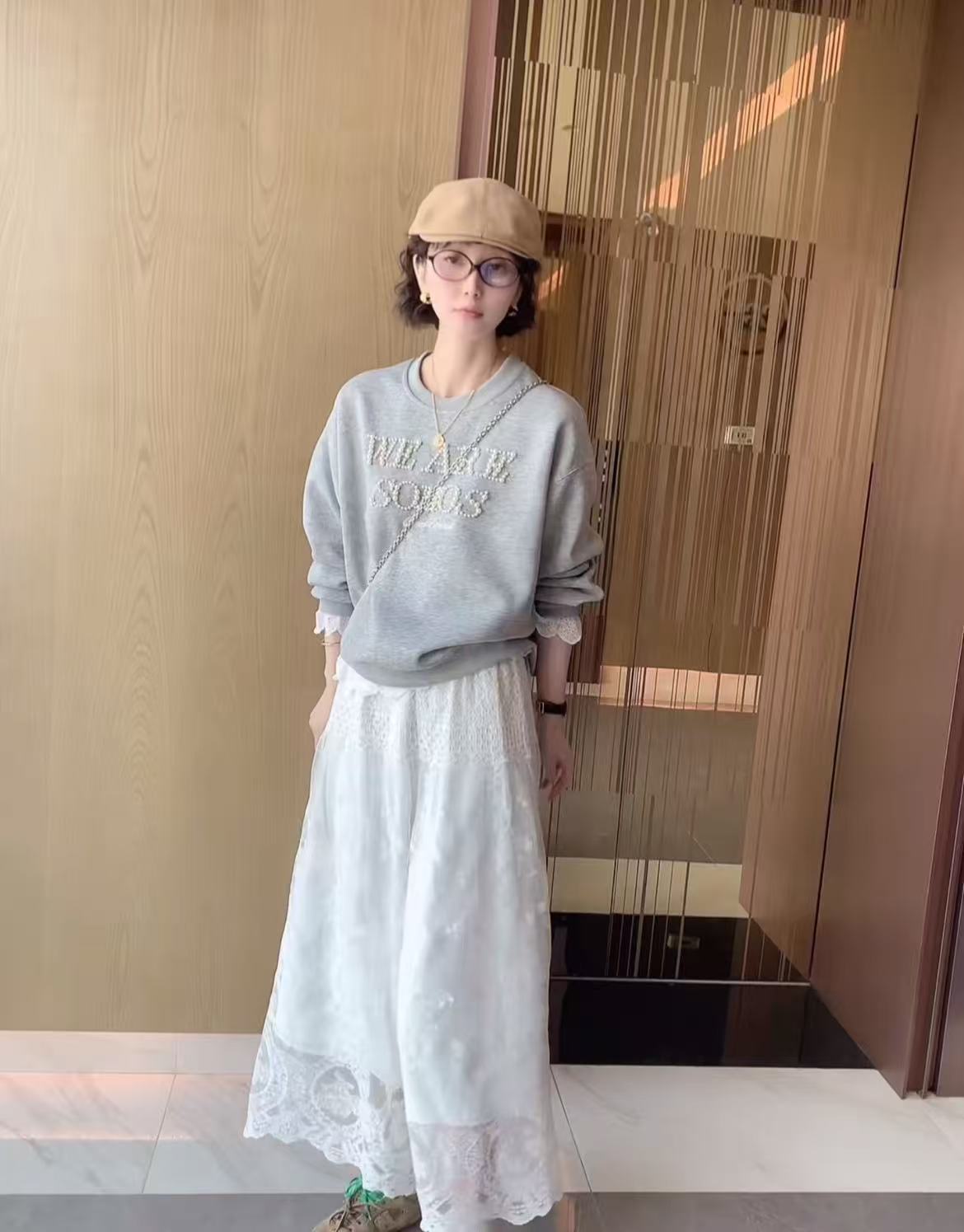 Pearl Lace Sweatshirt and Lace Skirt Set