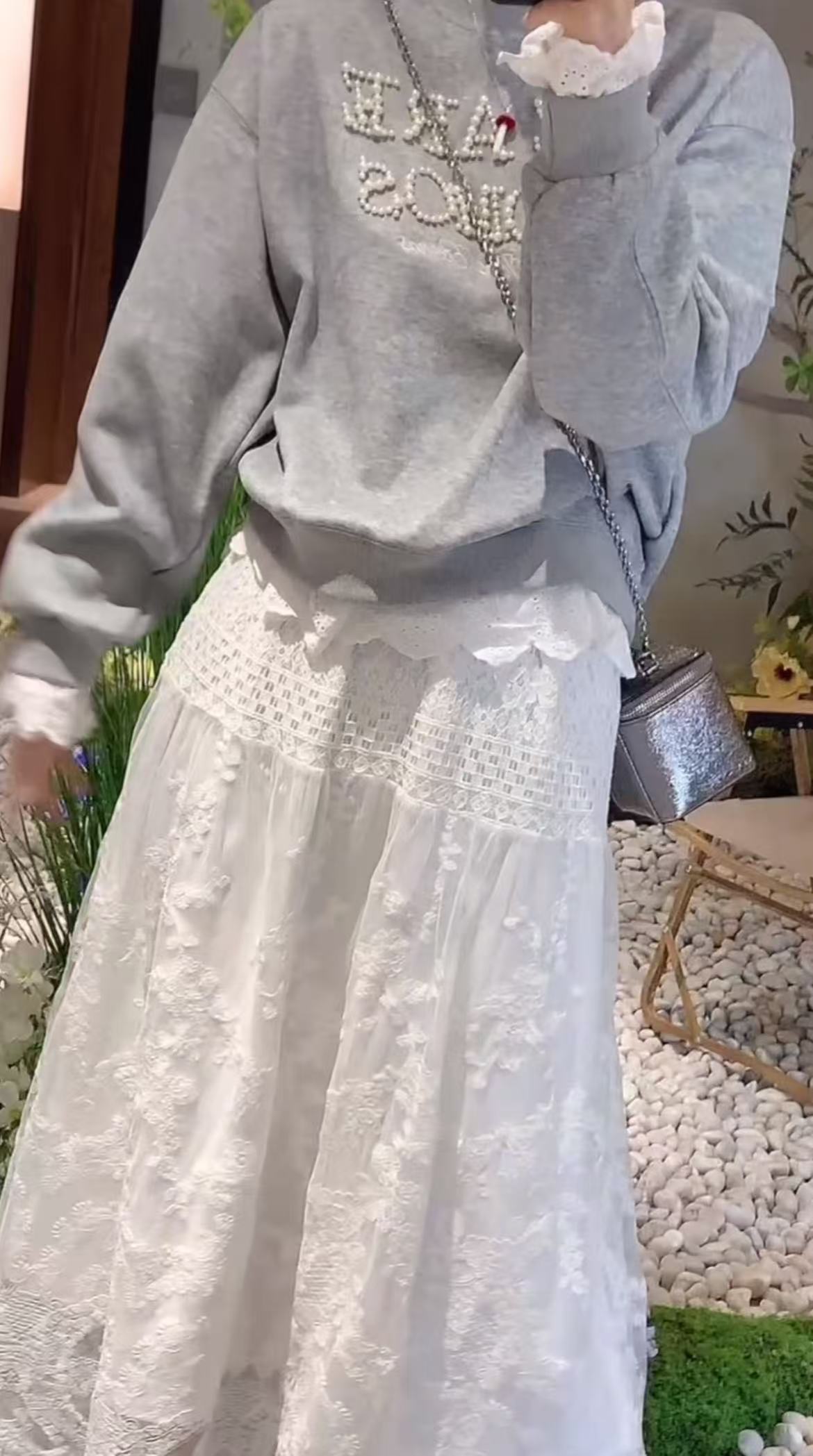 Pearl Lace Sweatshirt and Lace Skirt Set - Image 4