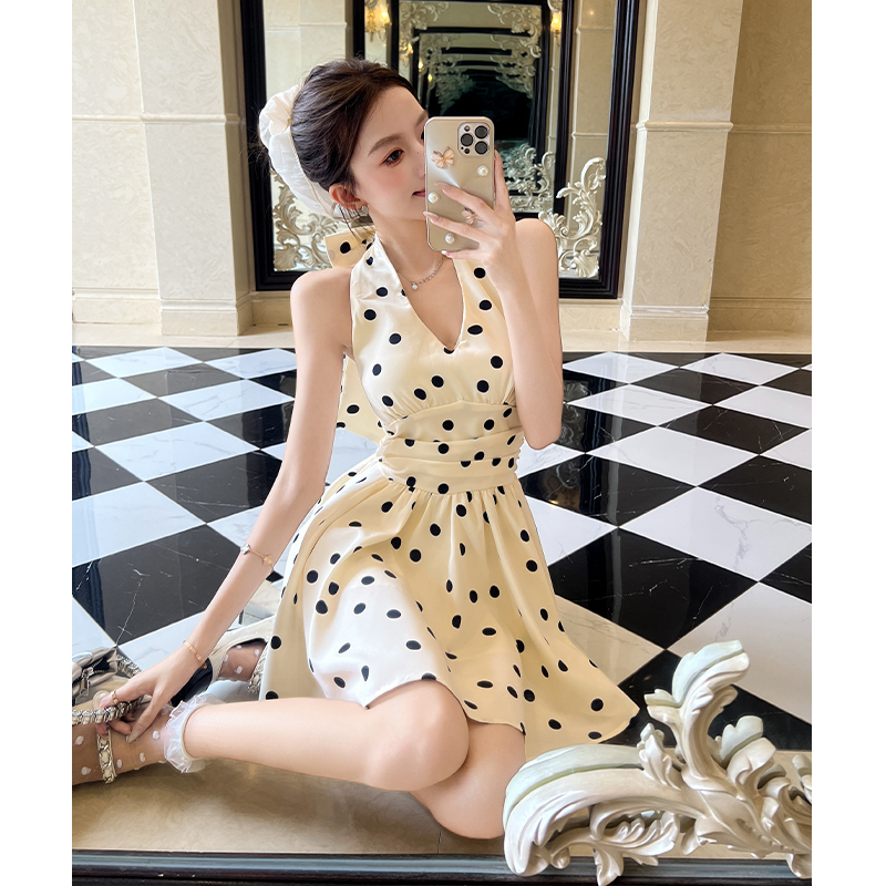 2026 Summer French Style Polka Dot Halter Dress Women Slim Waist A-Line Short Dress