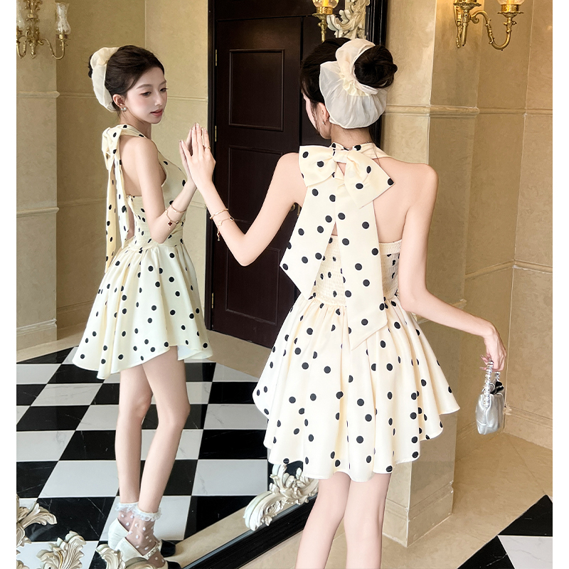 2026 Summer French Style Polka Dot Halter Dress Women Slim Waist A-Line Short Dress - Image 3