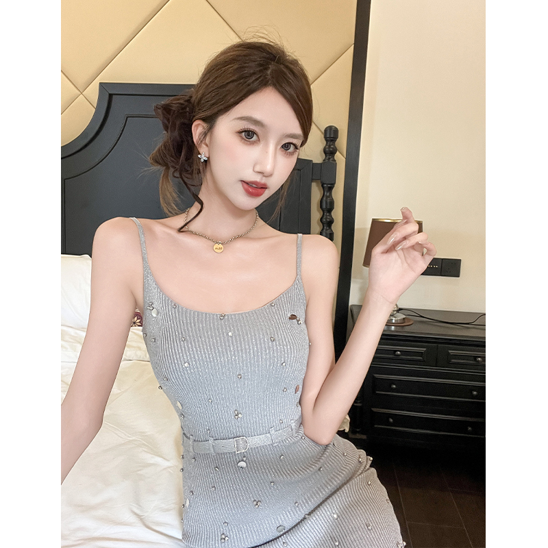 2026 Summer Beaded Sequin Sling Knit Bodycon Midi Dress for Women - Image 5