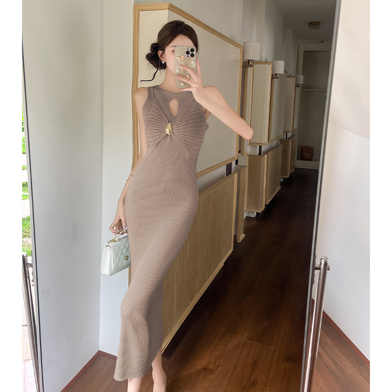 2026 Spring Summer New Slim Sleeveless High Neck Cutout Design Tank Knit Dress Women Bodycon Midi Dress - Image 3