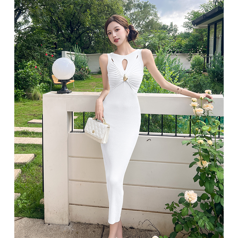 2026 Spring Summer New Slim Sleeveless High Neck Cutout Design Tank Knit Dress Women Bodycon Midi Dress - Image 4