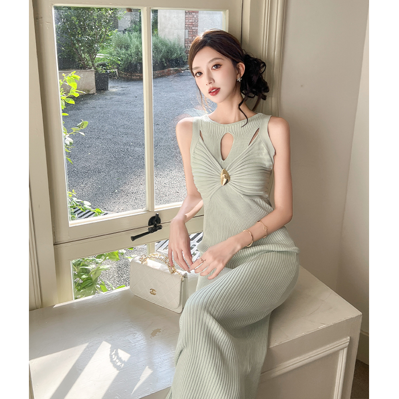 2026 Spring Summer New Slim Sleeveless High Neck Cutout Design Tank Knit Dress Women Bodycon Midi Dress - Image 5