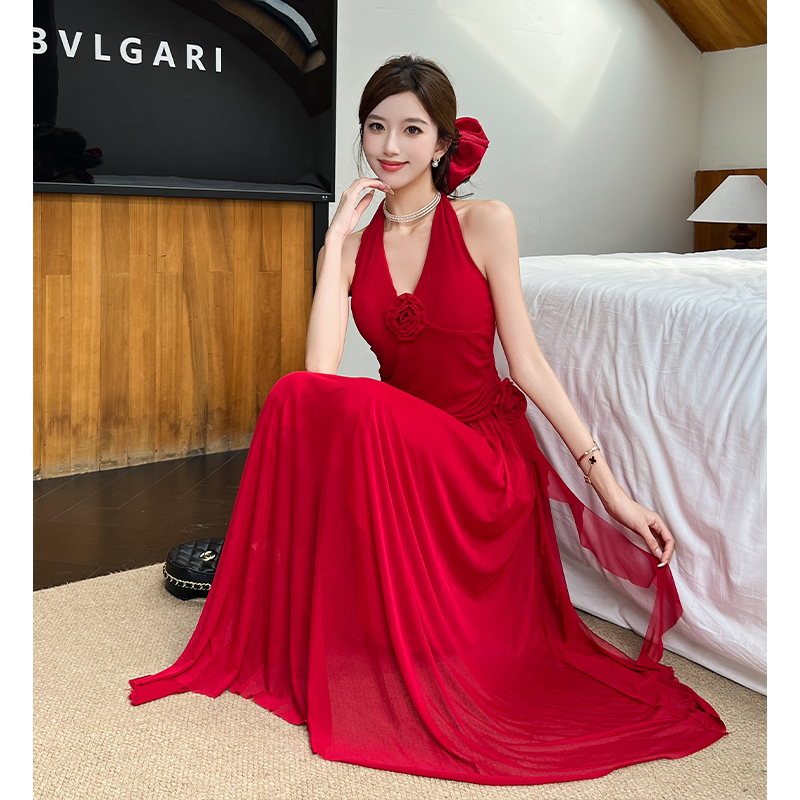 2026 Spring Summer Hepburn Style Red Halter Dress Women French V Neck Mesh Flower Backless Waist Cinched Midi Dress - Image 3