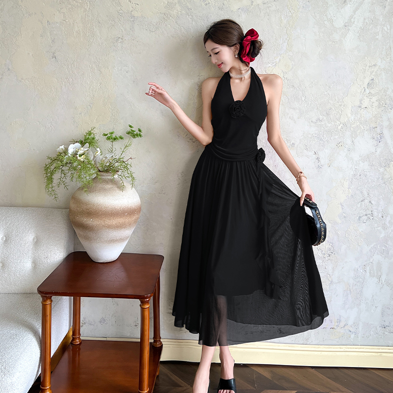 2026 Spring Summer Hepburn Style Red Halter Dress Women French V Neck Mesh Flower Backless Waist Cinched Midi Dress - Image 2