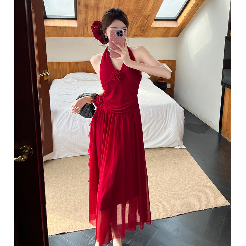 2026 Spring Summer Hepburn Style Red Halter Dress Women French V Neck Mesh Flower Backless Waist Cinched Midi Dress