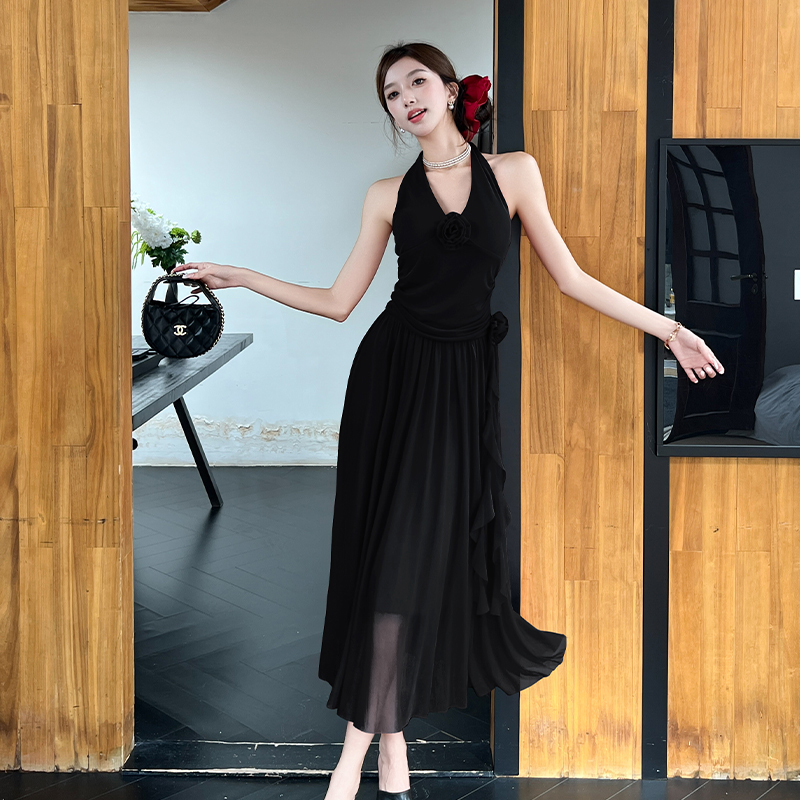 2026 Spring Summer Hepburn Style Red Halter Dress Women French V Neck Mesh Flower Backless Waist Cinched Midi Dress - Image 4
