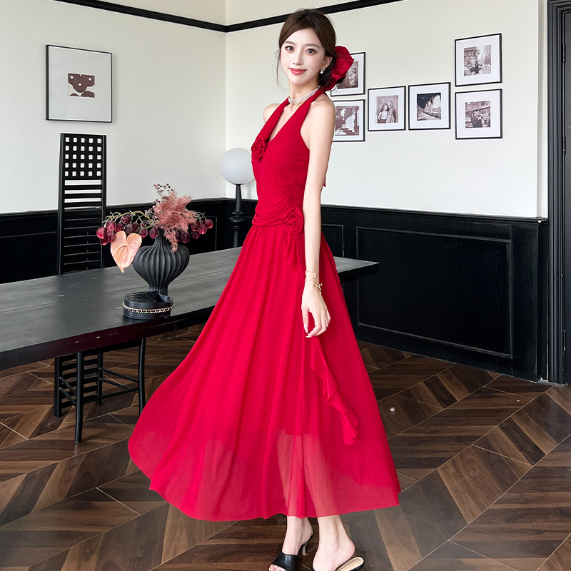 2026 Spring Summer Hepburn Style Red Halter Dress Women French V Neck Mesh Flower Backless Waist Cinched Midi Dress - Image 5