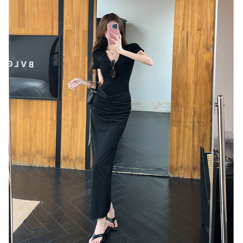 Spring Summer Short Sleeve Long Dress High Stretch V Neck French Pleated Slim Fit - Image 3