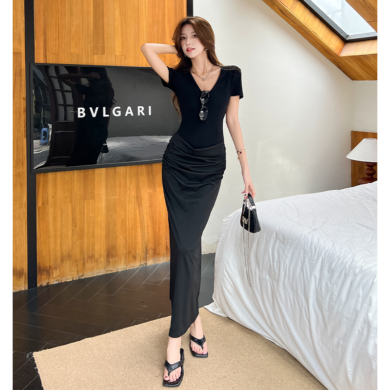 Spring Summer Short Sleeve Long Dress High Stretch V Neck French Pleated Slim Fit - Image 4