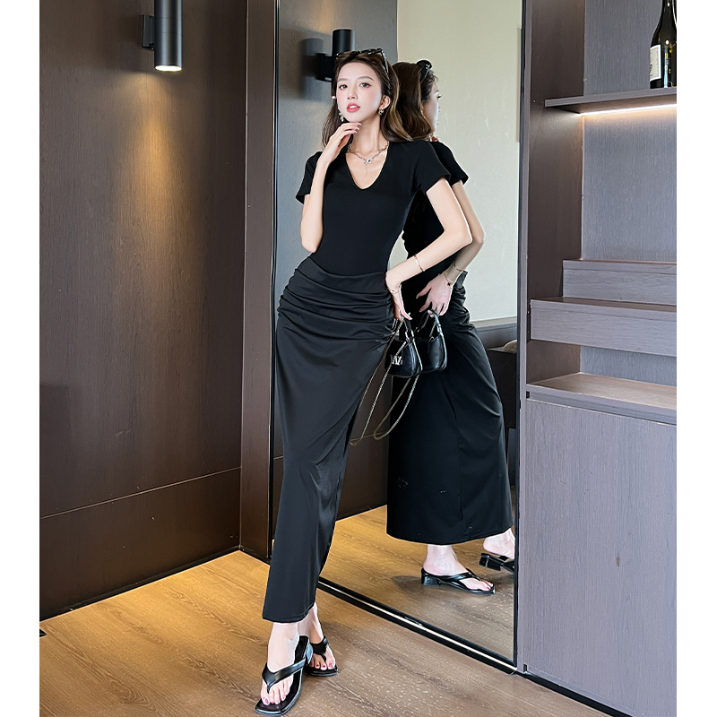 Spring Summer Short Sleeve Long Dress High Stretch V Neck French Pleated Slim Fit - Image 5