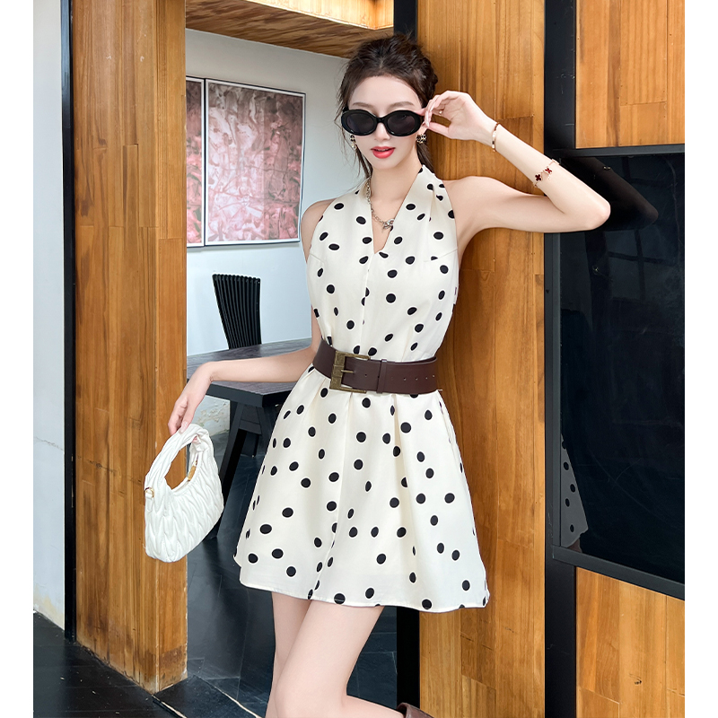 2026 Spring Summer French V-Neck Polka Dot Halter Sleeveless Dress with Belt - Image 4