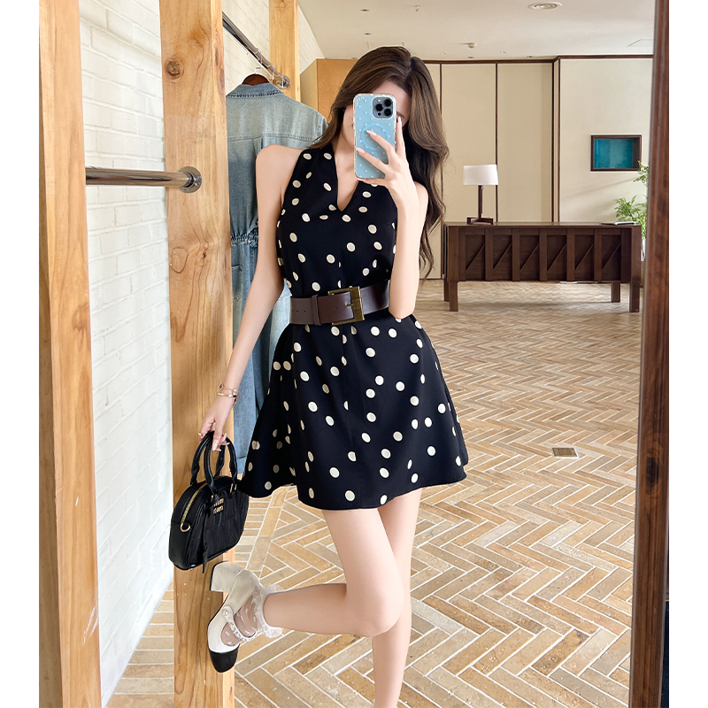 2026 Spring Summer French V-Neck Polka Dot Halter Sleeveless Dress with Belt