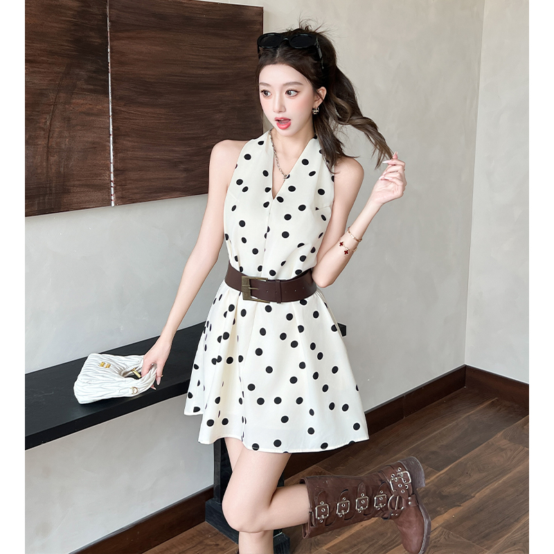 2026 Spring Summer French V-Neck Polka Dot Halter Sleeveless Dress with Belt - Image 5
