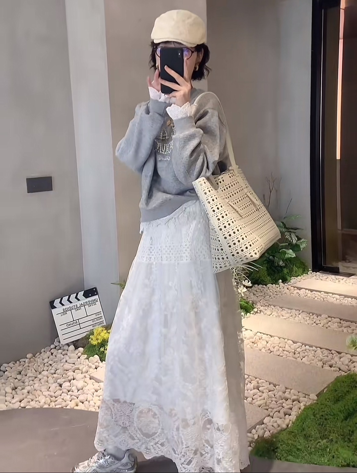 Pearl Lace Sweatshirt and Lace Skirt Set - Image 2