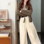 Women's 4-Piece Fall Fashion Set: Faux Leather Jacket, Striped Vest, Croissant Bag, White Pants
