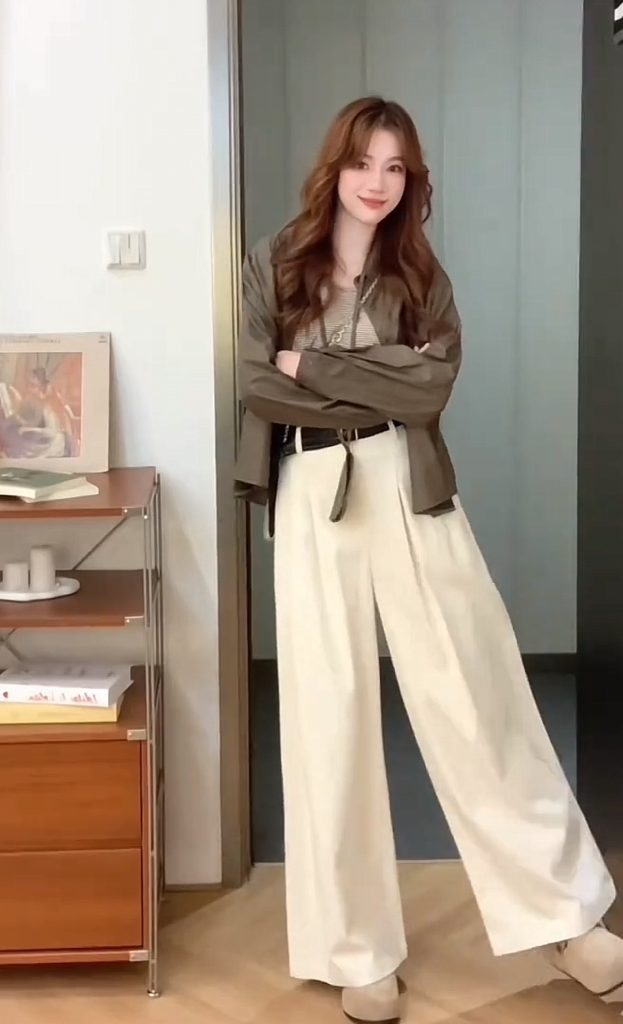 Women's 4-Piece Fall Fashion Set: Faux Leather Jacket, Striped Vest, Croissant Bag, White Pants
