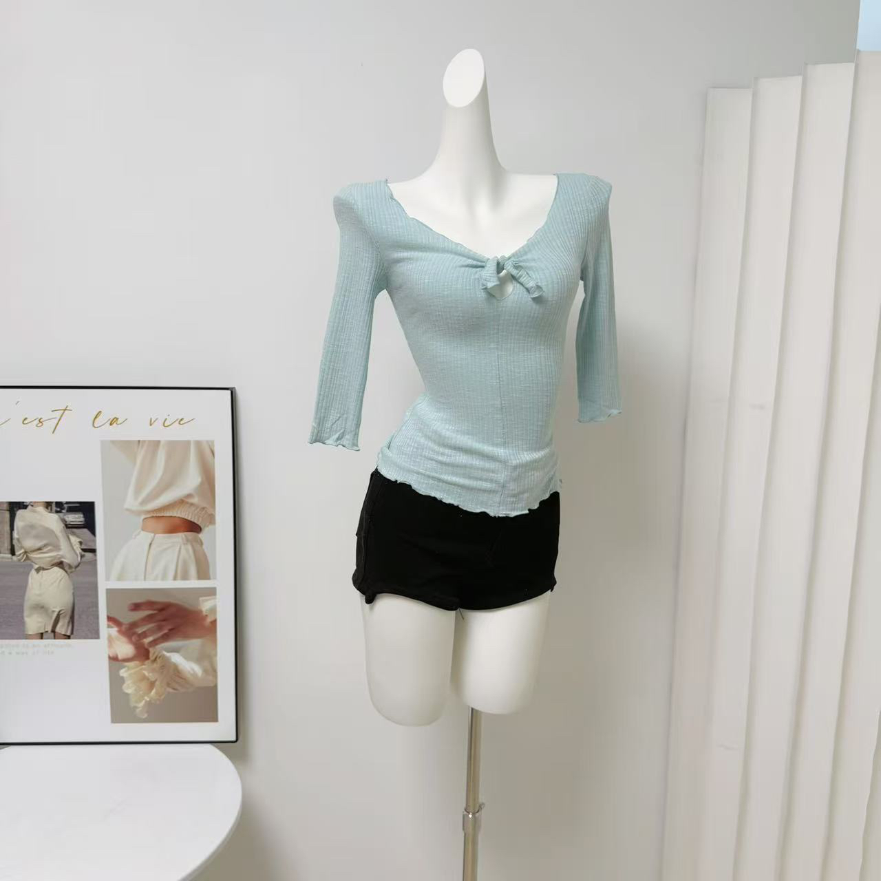 Wuhai 2026 Early Autumn Sweet Solid Slim Fit Mid Sleeve Cutout T-Shirt for Women - Image 2