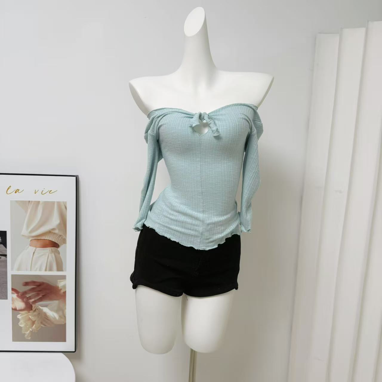 Wuhai 2026 Early Autumn Sweet Solid Slim Fit Mid Sleeve Cutout T-Shirt for Women - Image 3
