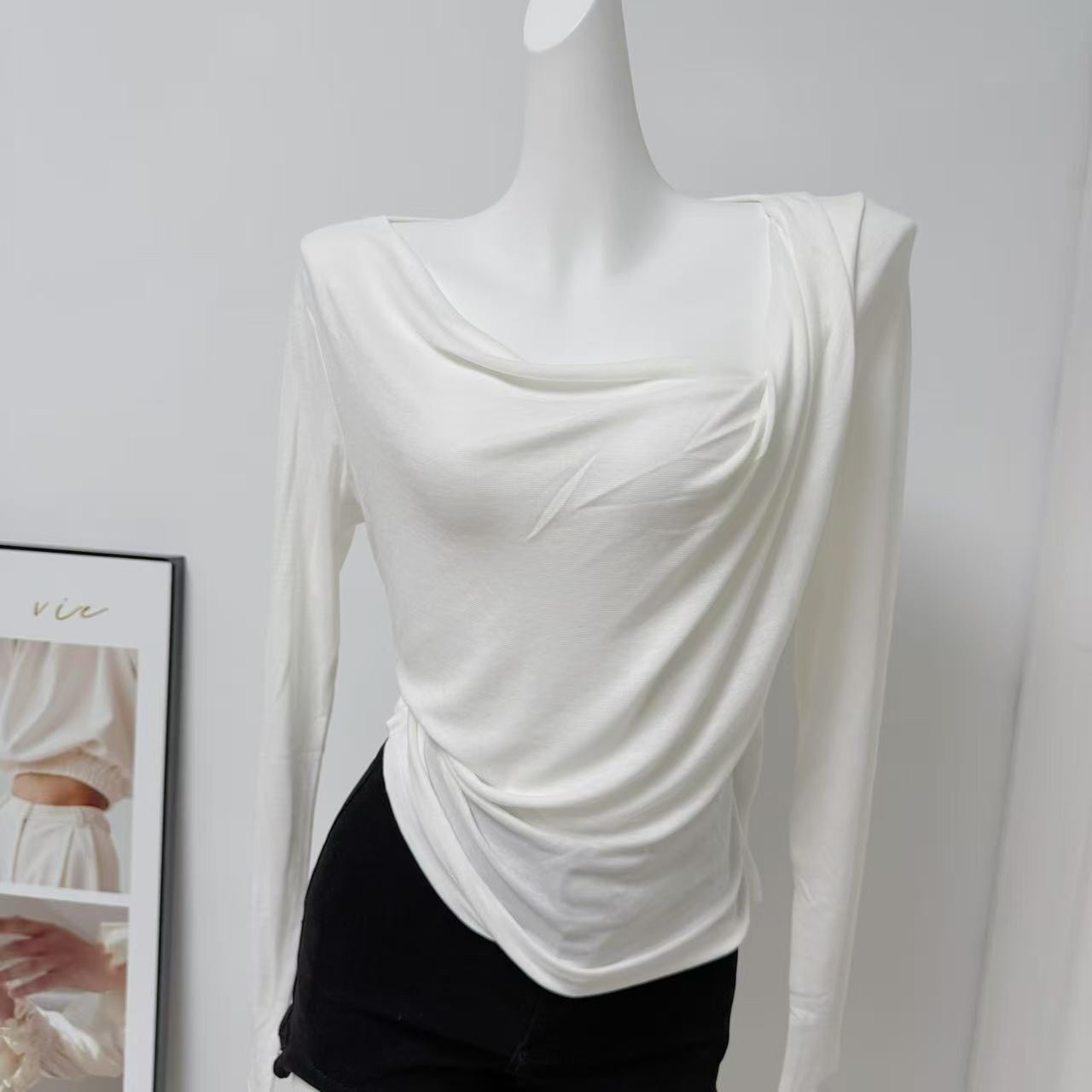 SANLSHAN Asymmetric Neck Long Sleeve Slim Fit Solid Pullover T-Shirt 2026 Spring New - Image 3