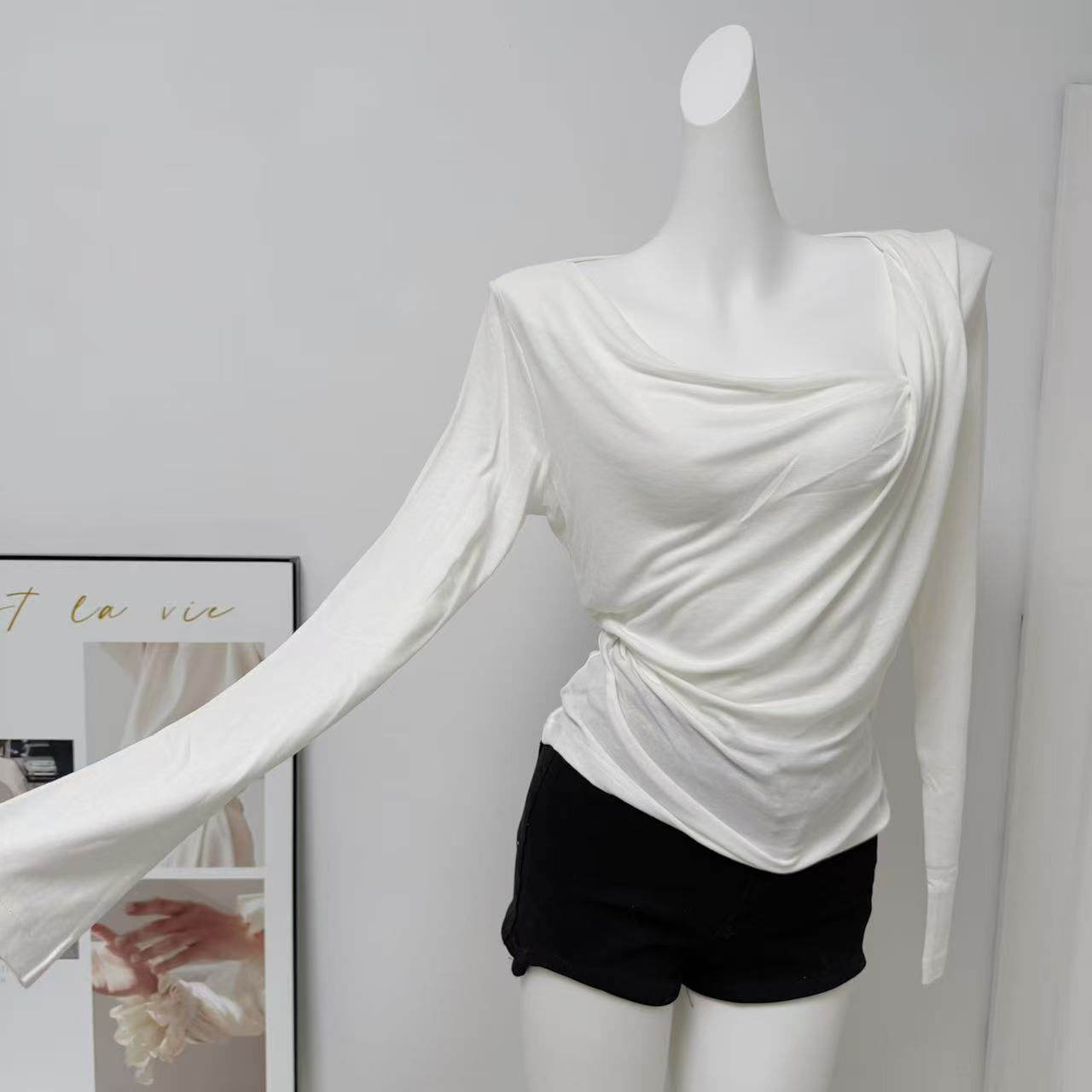 SANLSHAN Asymmetric Neck Long Sleeve Slim Fit Solid Pullover T-Shirt 2026 Spring New - Image 4