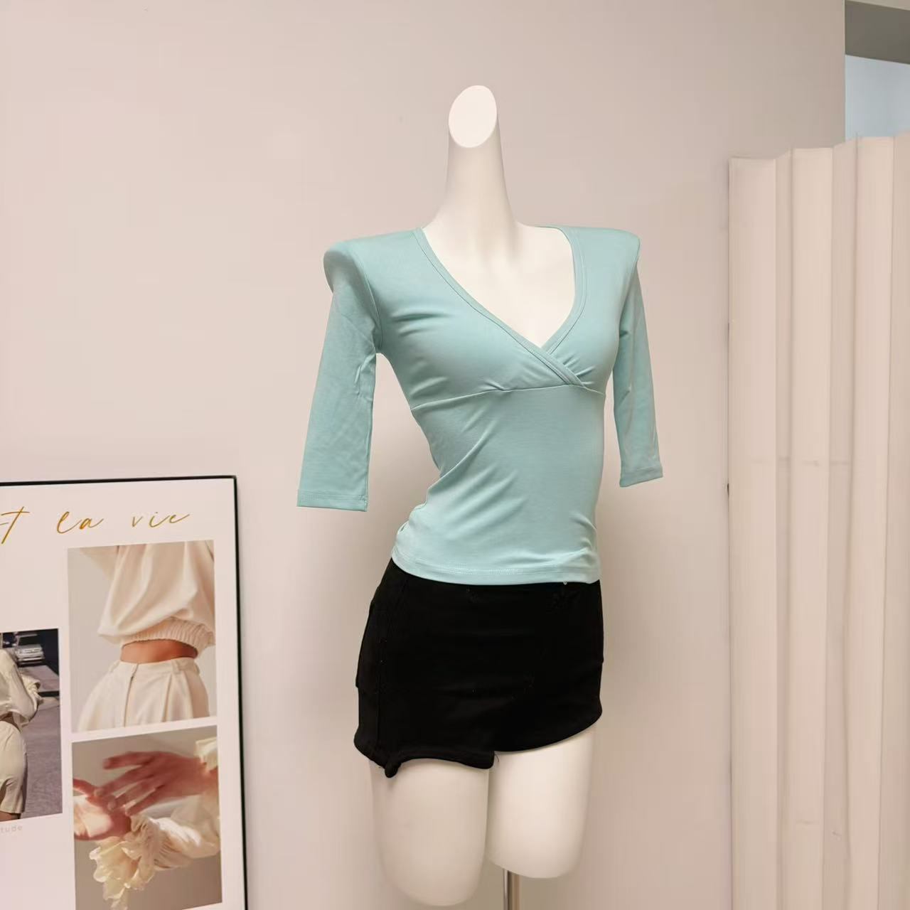 Archivum Summer Cross Deep V-Neck Low-Cut Mid-Sleeve Short-Sleeve Slimming Tight Sexy T-Shirt Top - Image 2