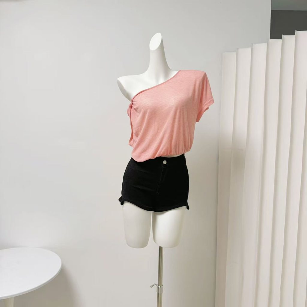 Asymmetric Sheer Short-Sleeve T-Shirt in Pure White and Esaka Reina Pink