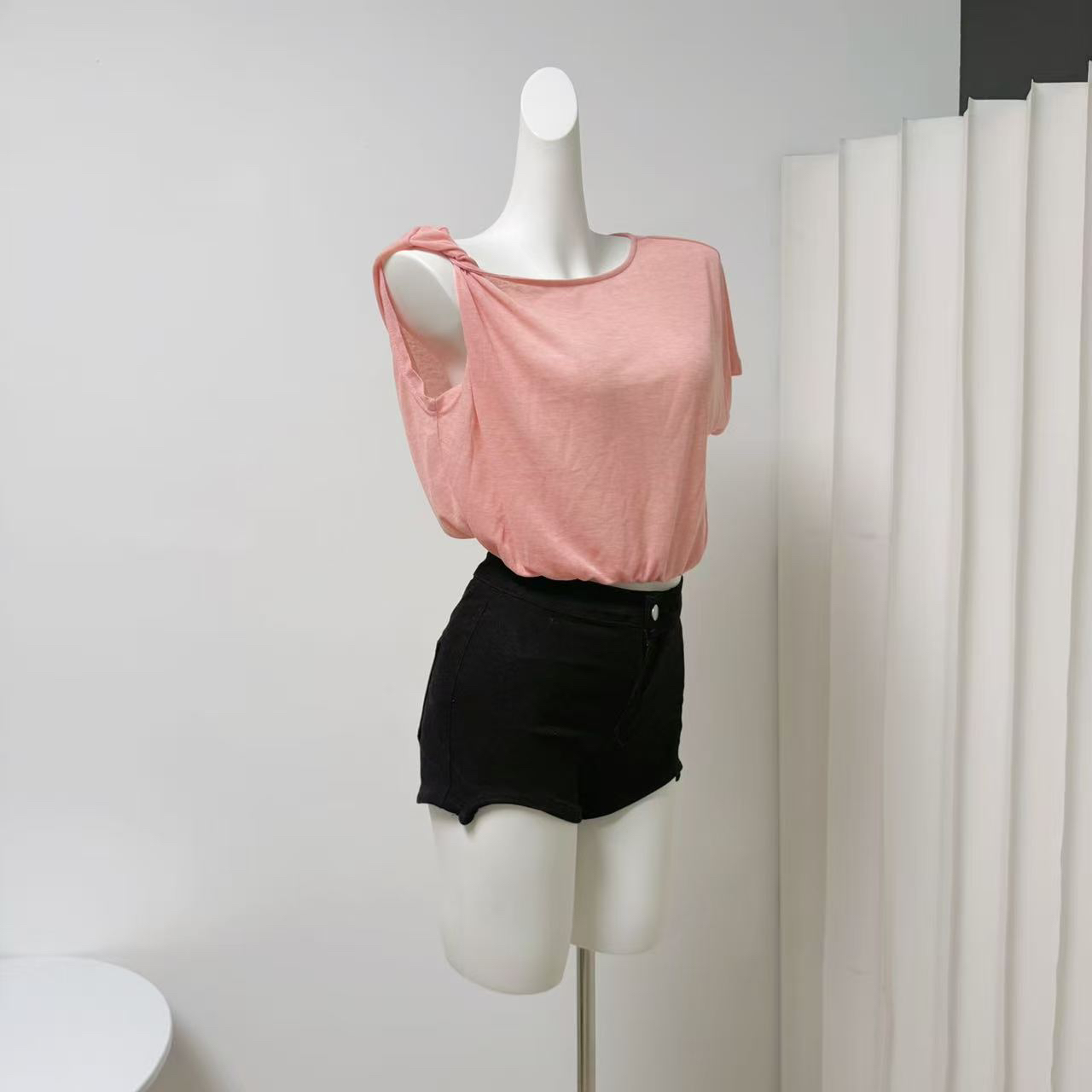 Asymmetric Sheer Short-Sleeve T-Shirt in Pure White and Esaka Reina Pink - Image 2