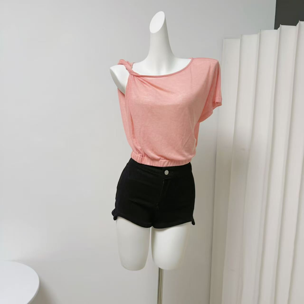 Asymmetric Sheer Short-Sleeve T-Shirt in Pure White and Esaka Reina Pink - Image 3