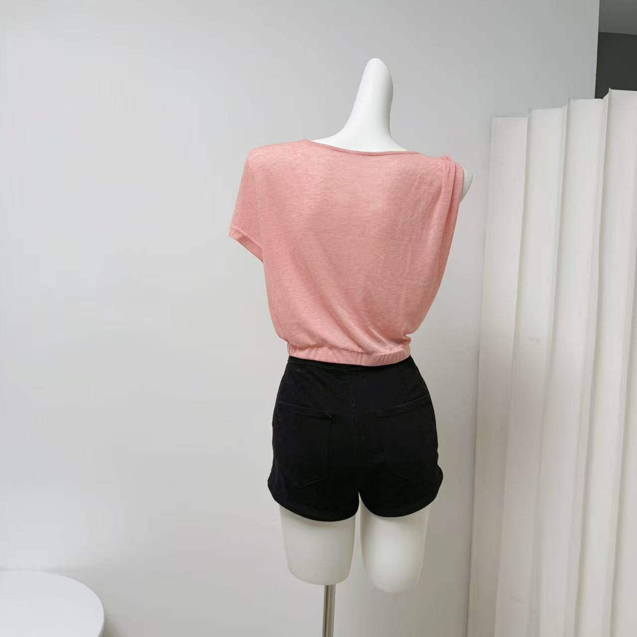 Asymmetric Sheer Short-Sleeve T-Shirt in Pure White and Esaka Reina Pink - Image 5