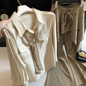 French Style Tie Neck Polo Collar Long Sleeve Shirt