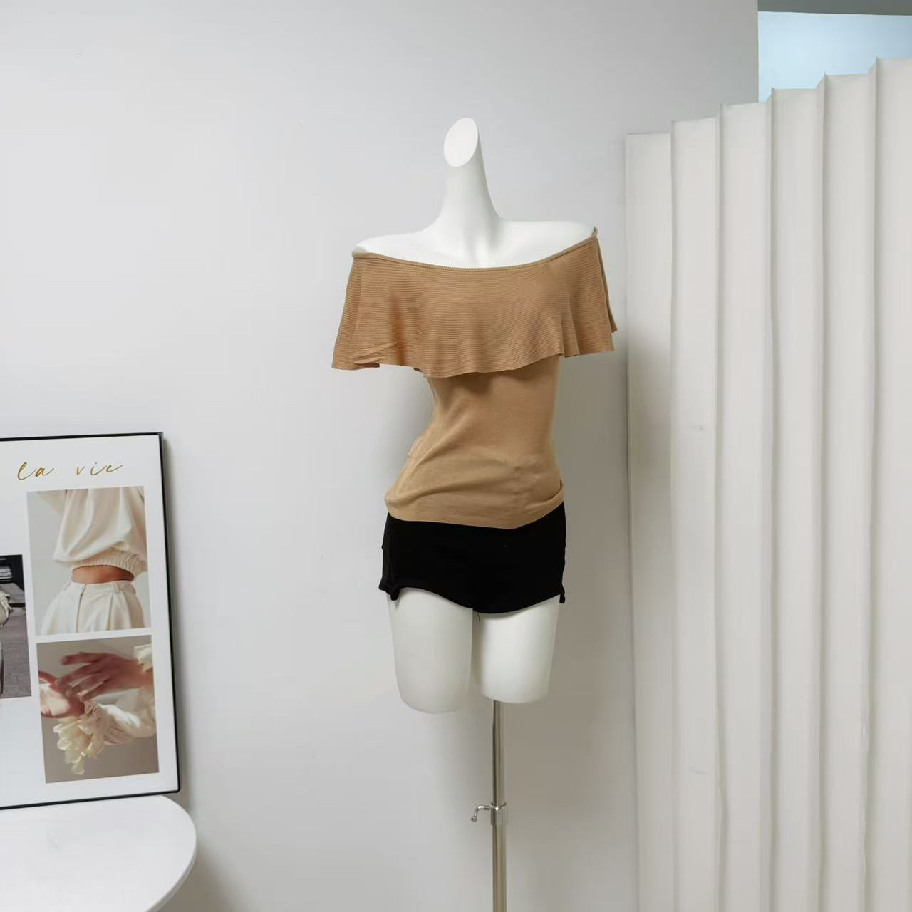 Women's Off-Shoulder One-Line Neck High-Stretch Knit Top 3-Way Wear Slimming - Image 2
