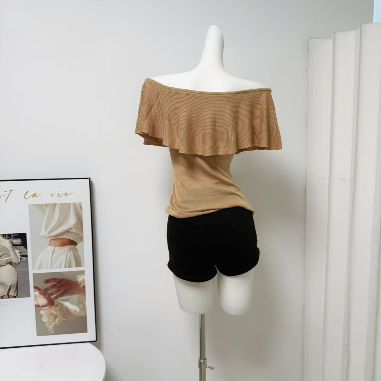 Women's Off-Shoulder One-Line Neck High-Stretch Knit Top 3-Way Wear Slimming - Image 3