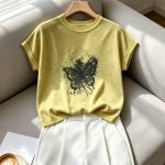 Yellow Round Neck Short Sleeve Print T-Shirt for Women 2026 Summer Loose Fit