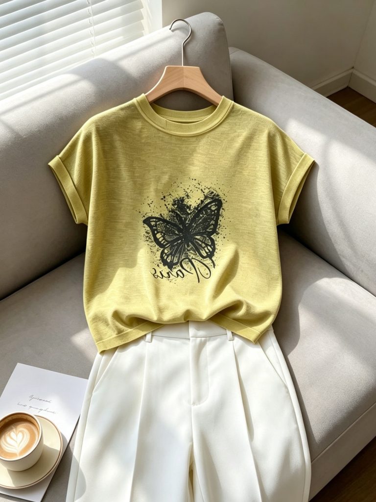 Yellow Round Neck Short Sleeve Print T-Shirt for Women 2026 Summer Loose Fit