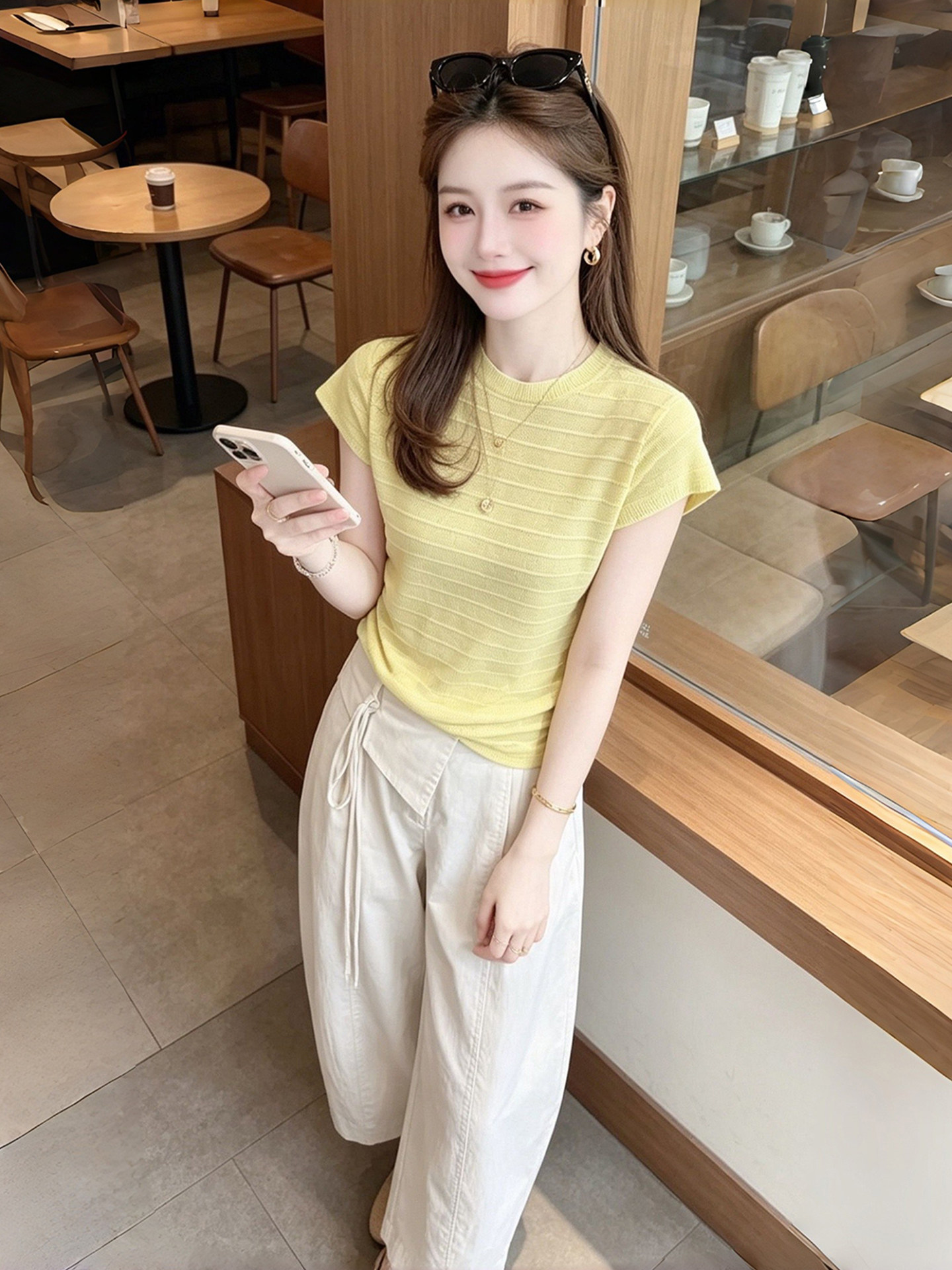 Yellow Striped Short Sleeve Slim Fit T-Shirt for Women 2026 Summer Round Neck - Image 4
