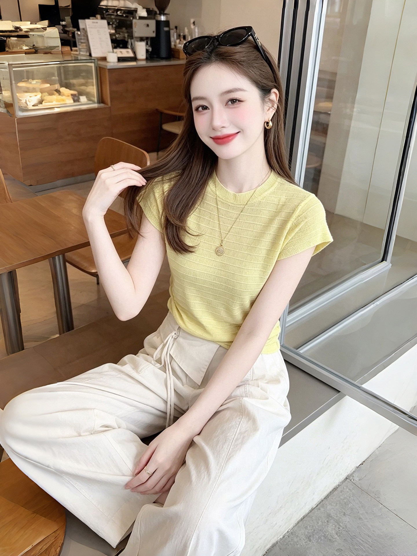 Yellow Striped Short Sleeve Slim Fit T-Shirt for Women 2026 Summer Round Neck - Image 2