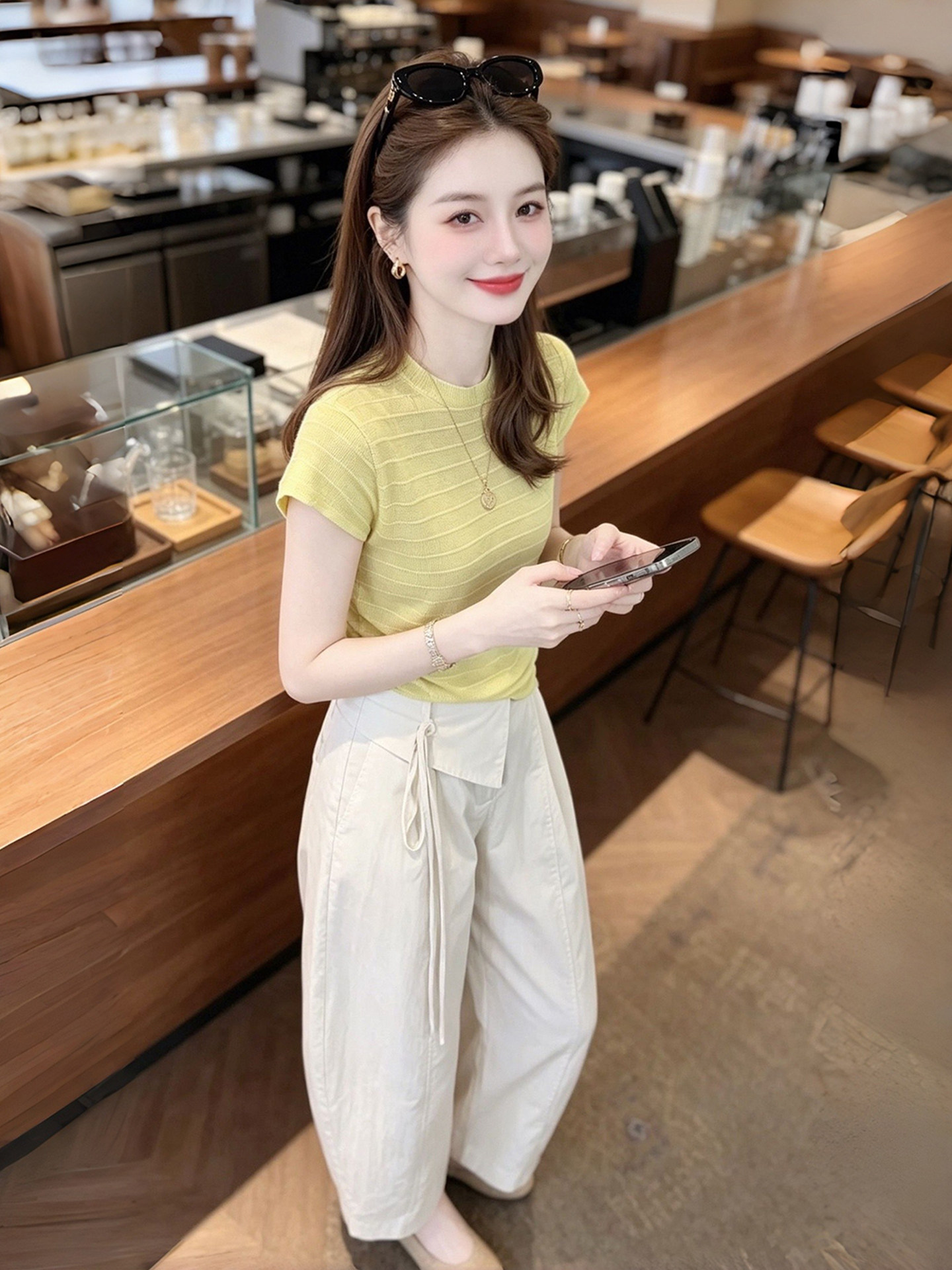 Yellow Striped Short Sleeve Slim Fit T-Shirt for Women 2026 Summer Round Neck - Image 3