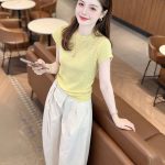 Yellow Striped Short Sleeve Slim Fit T-Shirt for Women 2026 Summer Round Neck