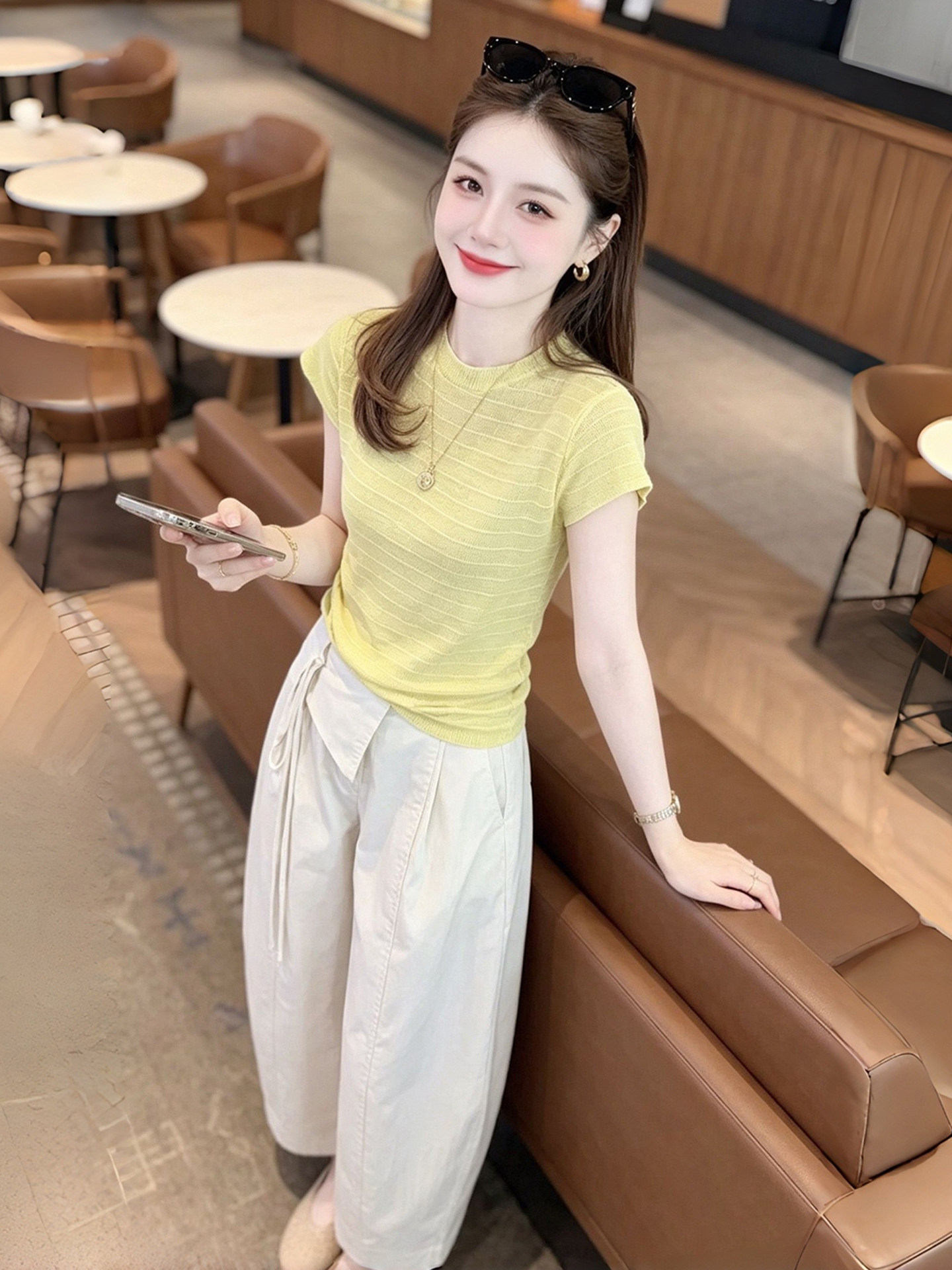 Yellow Striped Short Sleeve Slim Fit T-Shirt for Women 2026 Summer Round Neck