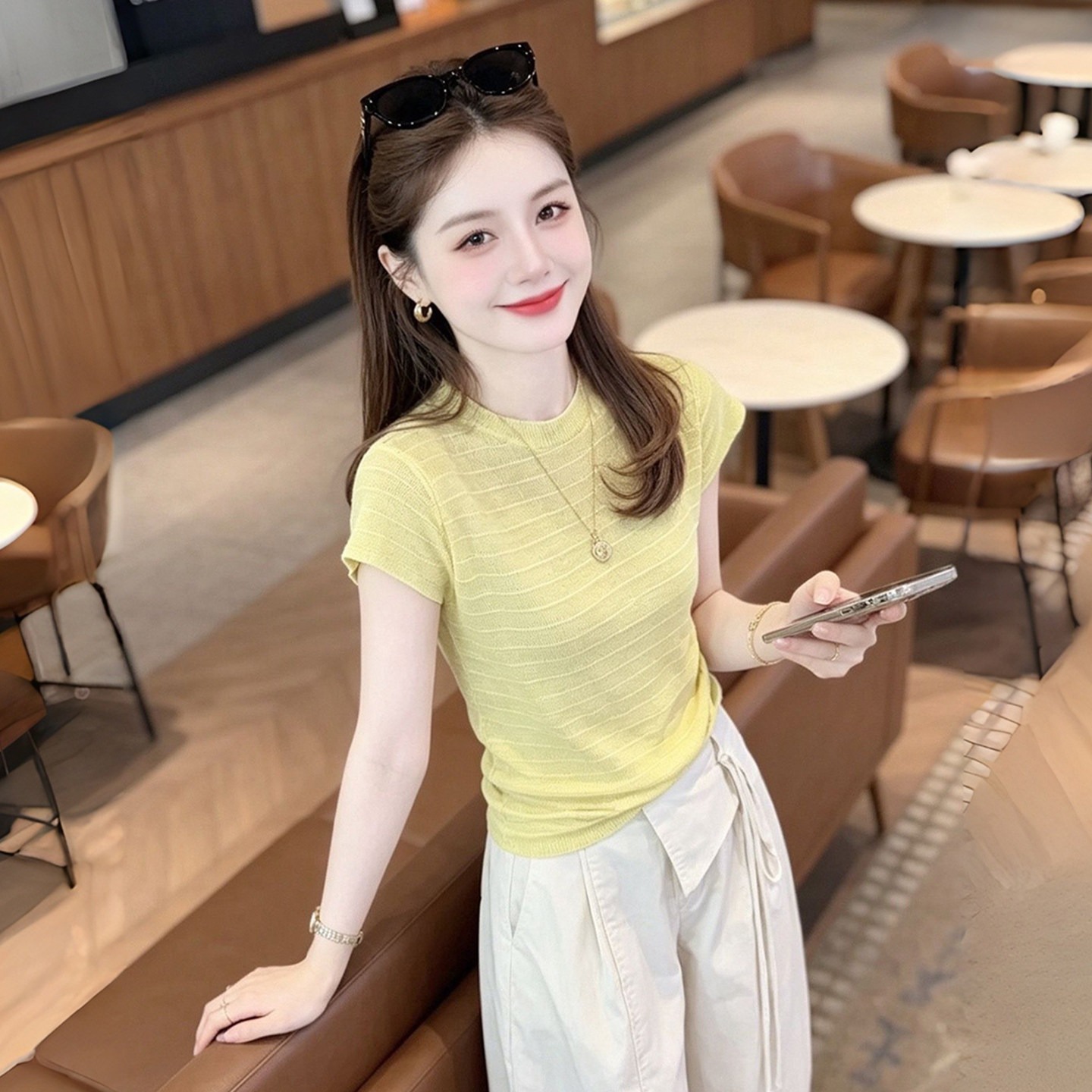 Yellow Striped Short Sleeve Slim Fit T-Shirt for Women 2026 Summer Round Neck - Image 5