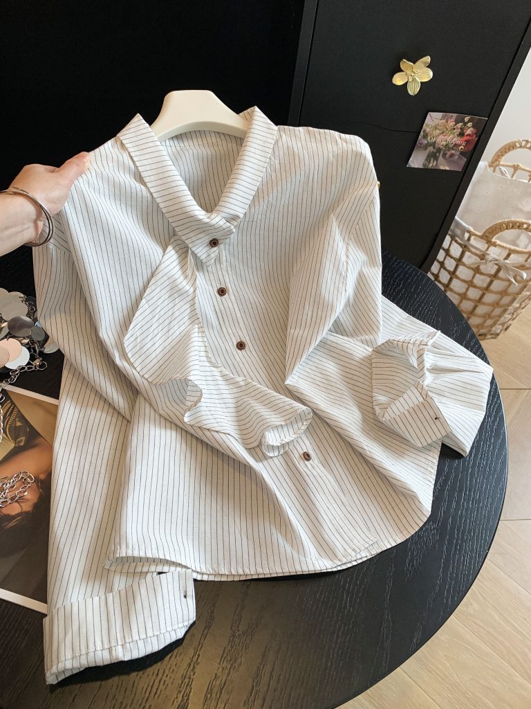 Early Autumn Korean Style Literary Striped Shirt for Women