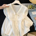 French Retro Women's V-Neck Bow Lace Trim Shirt