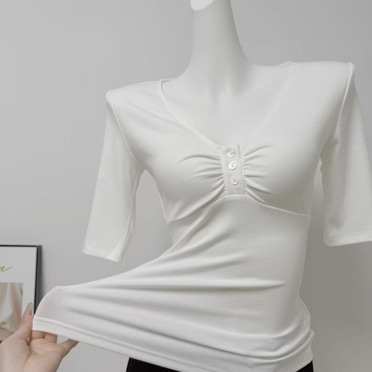 Goo Goo Eyes Women's V-Neck Three-Button Half-Sleeve T-Shirt 2026 New Design Slimming Top - Image 3